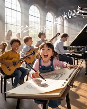 Niños y adultos disfrutando de aprender musica y arte