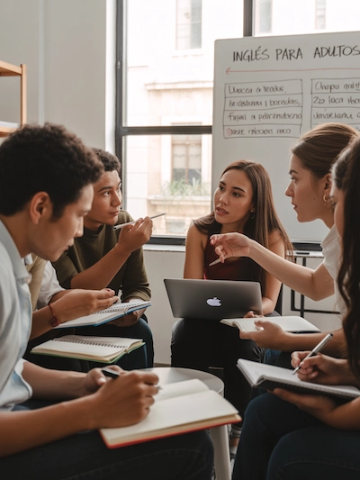 adultos en le curso de ingles de intituto sol urgencia amable y enfoque personalizado</p>
<p>Tutor y estudiante revisando juntos un cuaderno, apuntes y sonrisa de satisfacción.</p>
<p>Reloj de pared marcando la hora de la clase y una mano señalando “¡Es ahora!” en un calendario.</p>
<p>Primer plano de un botón virtual (o físico) con el texto “¡Refuerzo Ahora!” sobre fondo de aula.